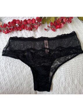 VICTORIA'S SECRET L BLACK LACE MESH WIDE STRAP CHEEKY SHEER PANTIES NWT